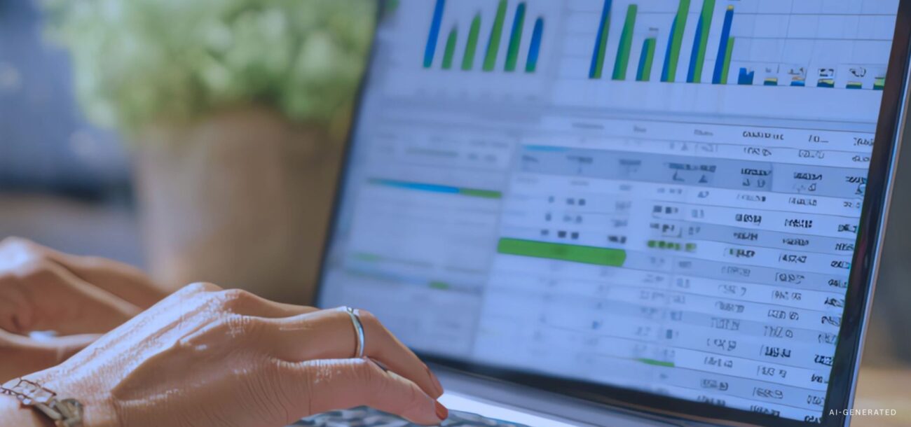 Close-up of a person working on a laptop displaying financial data, spreadsheets, and charts.