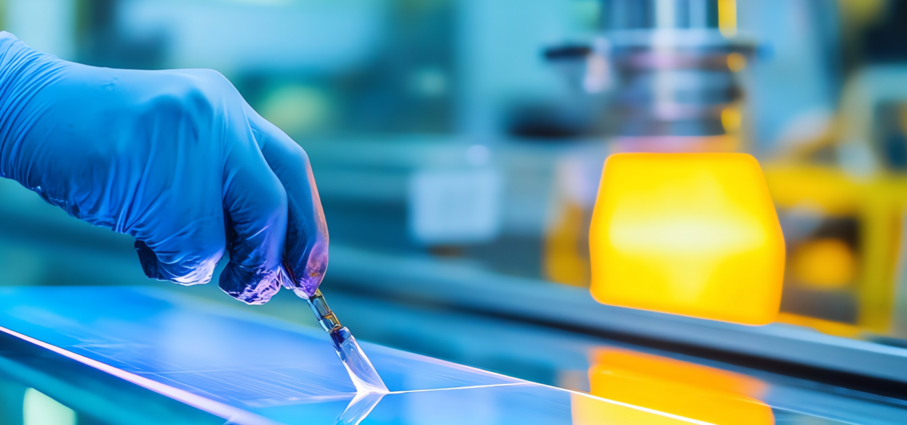 Close-up of a gloved hand handling a thin optical component in a cleanroom laboratory.