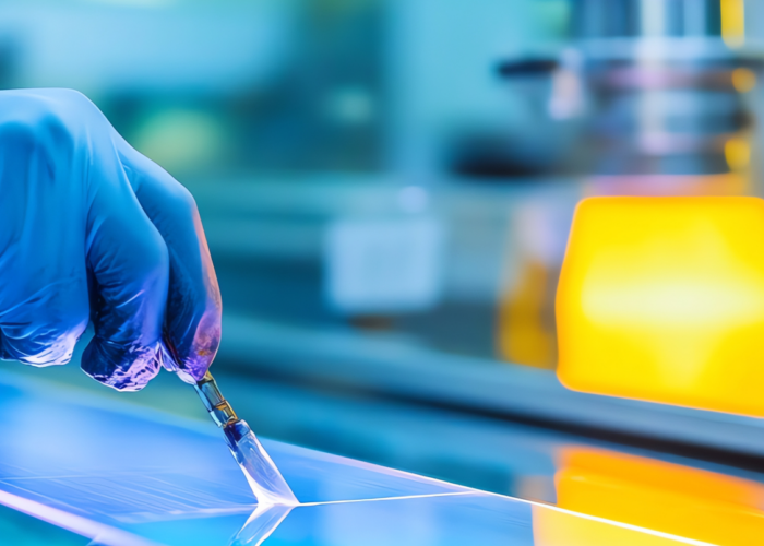 Close-up of a gloved hand handling a thin optical component in a cleanroom laboratory.